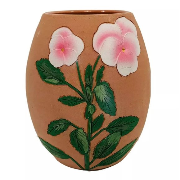Terracotta Pottery Planter Handmade Etched Pink Pansies Pot Vase Artisans Signed - Picture 1 of 12